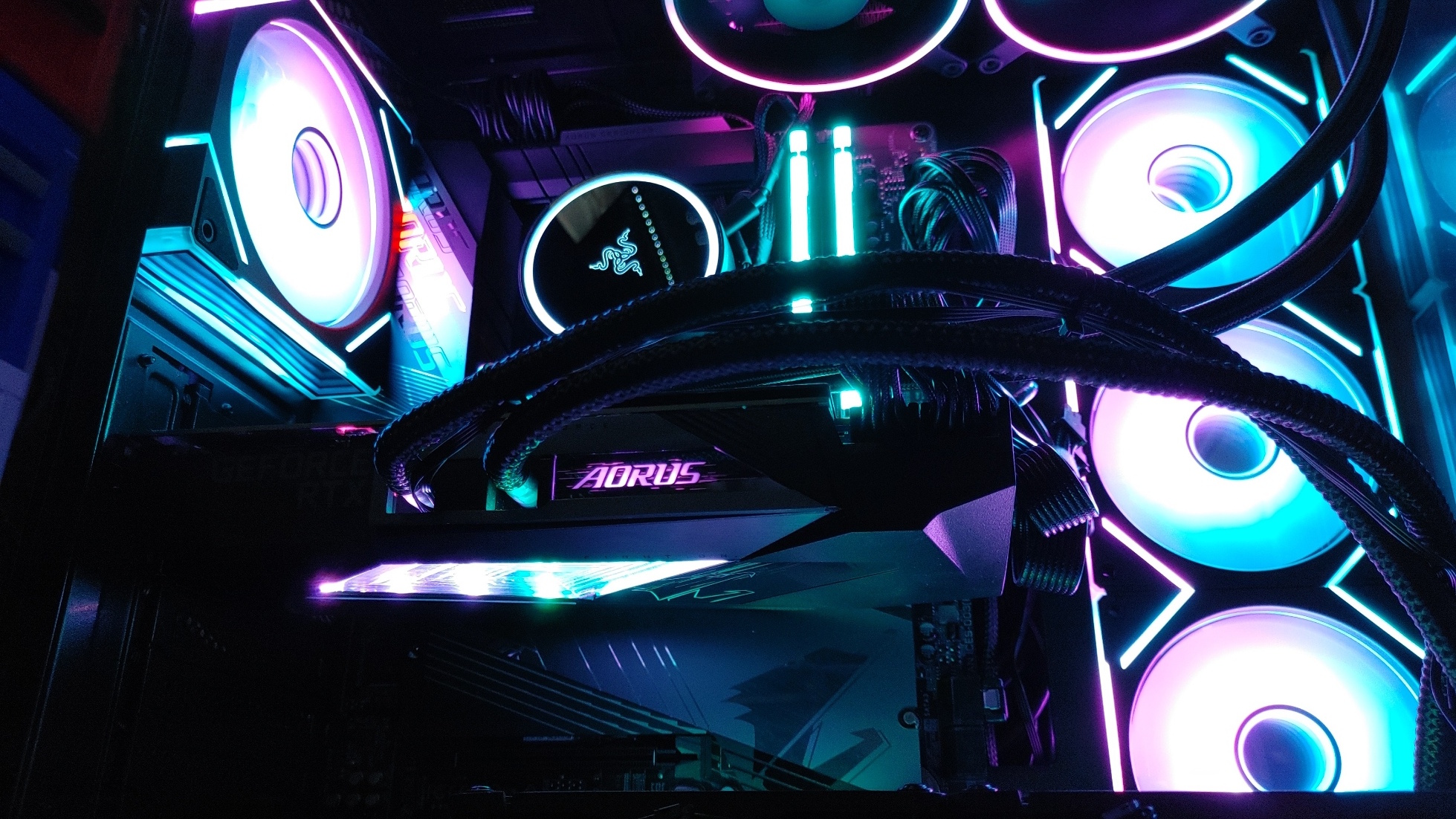 Interior shot of a build with RGB cooling and cable management